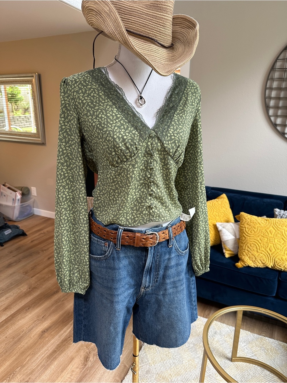 Boho milkmaid poet Self Esteem Olive Green V-Neck Lace Trim Blouse